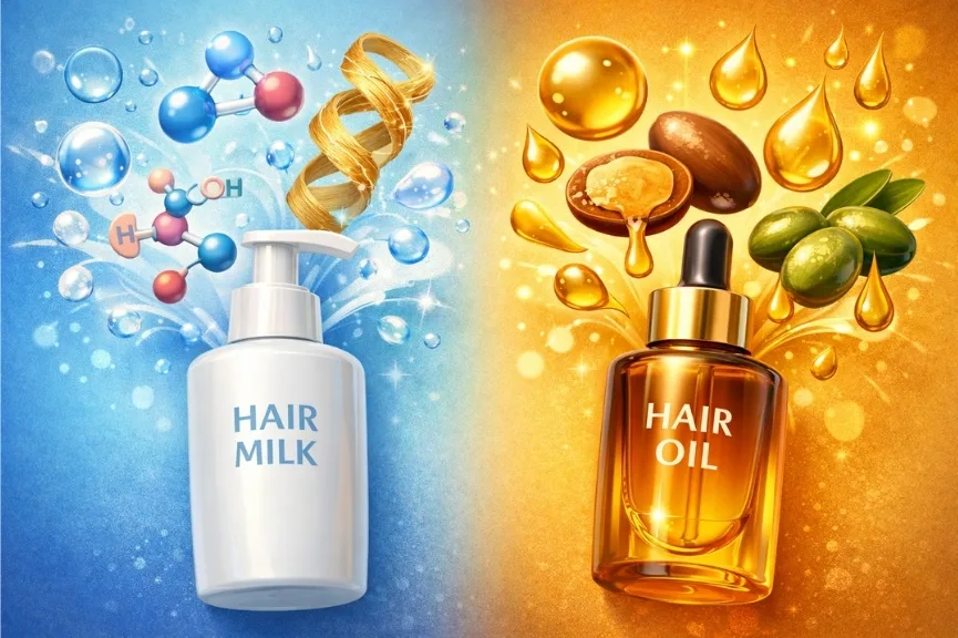 ヘアミルクとヘアオイルの成分の違いを対比 ヘアミルクとヘアオイルの成分の違いを対比