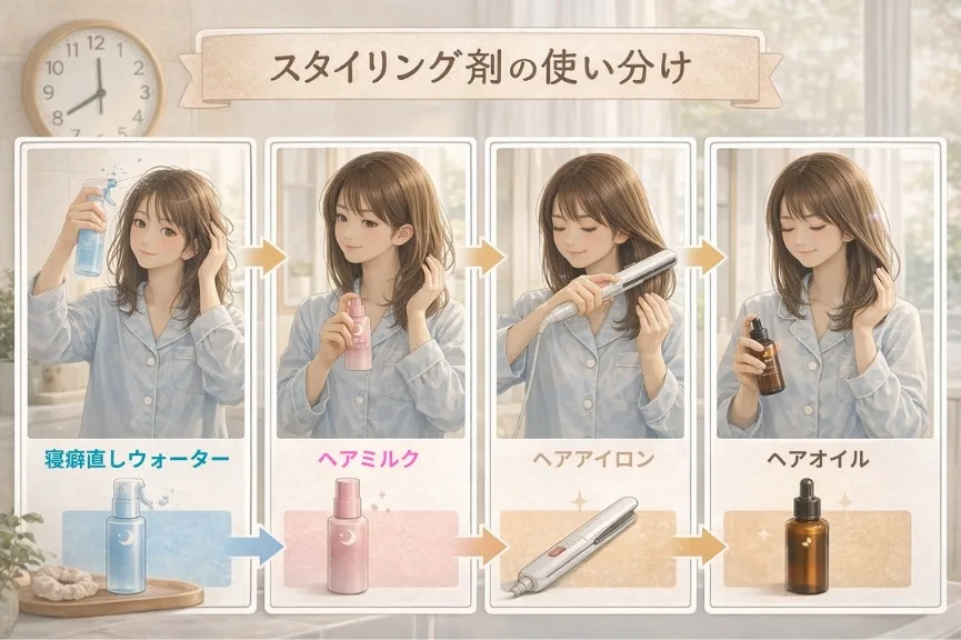 朝のスタイリング時におけるヘアミルクとヘアオイルの使い方と順番 朝のスタイリング時におけるヘアミルクとヘアオイルの使い方と順番