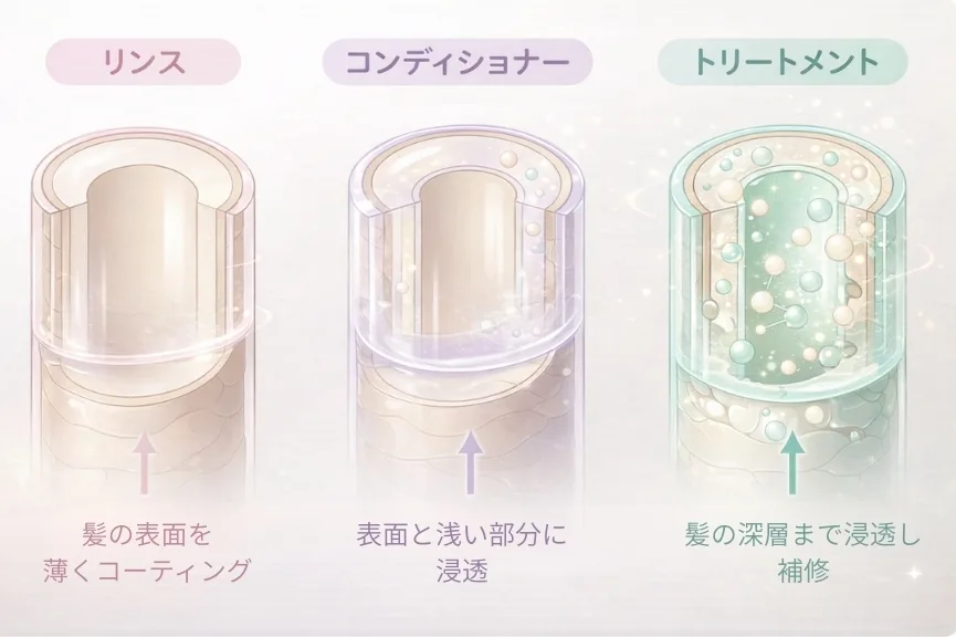 リンス、コンディショナー、トリートメントの比較 リンス、コンディショナー、トリートメントの比較